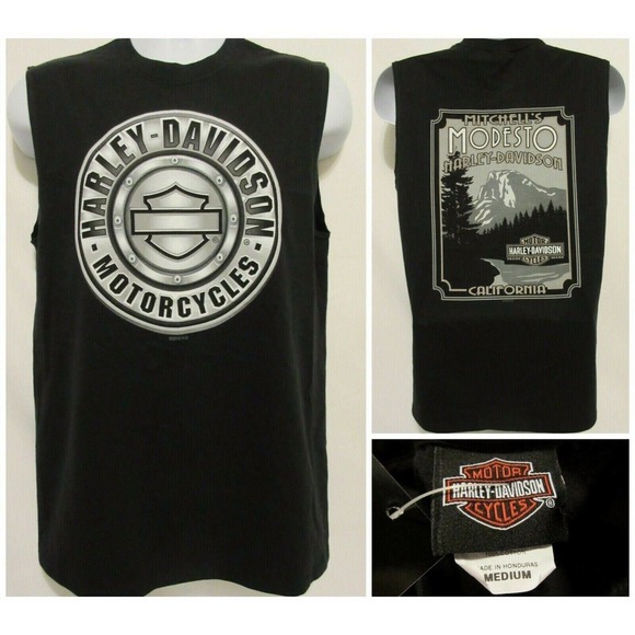 Mitchell's Modesto CA Harley Davidson Black Full Chrome Muscle Tank Shirt Mens M - Picture 1 of 12